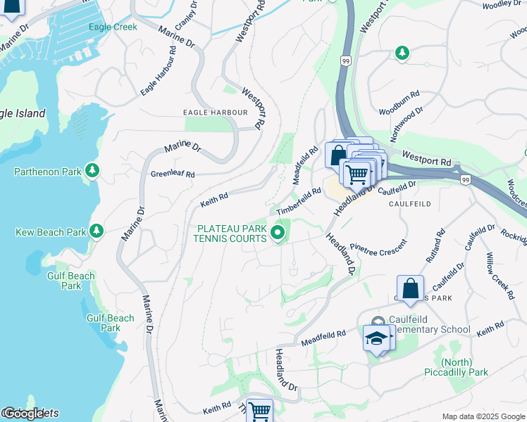 map of restaurants, bars, coffee shops, grocery stores, and more near 5186 Meadfeild Road in West Vancouver