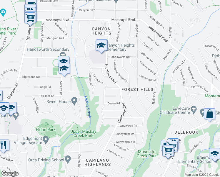 map of restaurants, bars, coffee shops, grocery stores, and more near 983 Tudor Avenue in North Vancouver