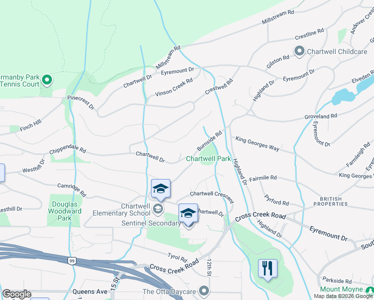 map of restaurants, bars, coffee shops, grocery stores, and more near 1373 Chartwell Drive in West Vancouver