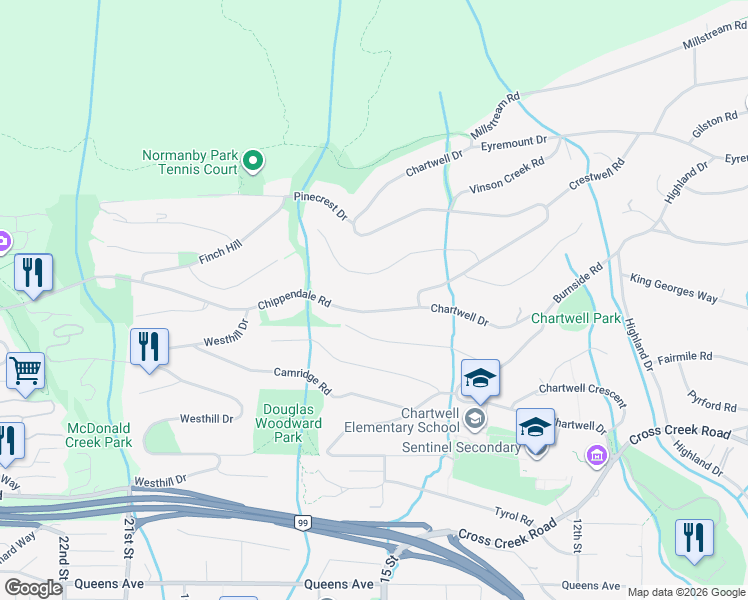 map of restaurants, bars, coffee shops, grocery stores, and more near 1419 Chippendale Road in West Vancouver