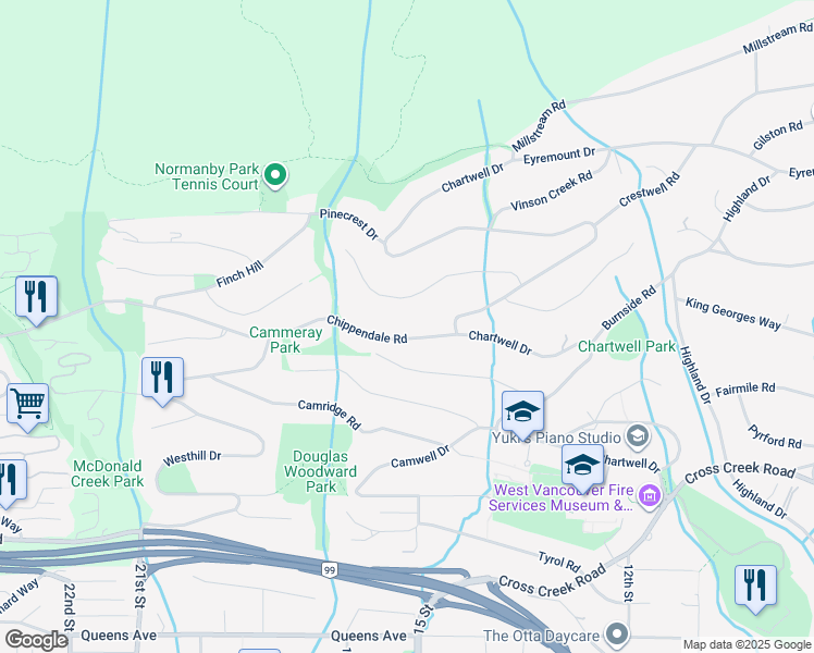 map of restaurants, bars, coffee shops, grocery stores, and more near 1419 Chippendale Road in West Vancouver
