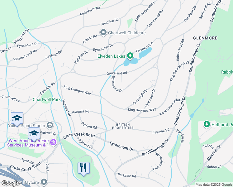 map of restaurants, bars, coffee shops, grocery stores, and more near 1036 Eyremount Drive in West Vancouver