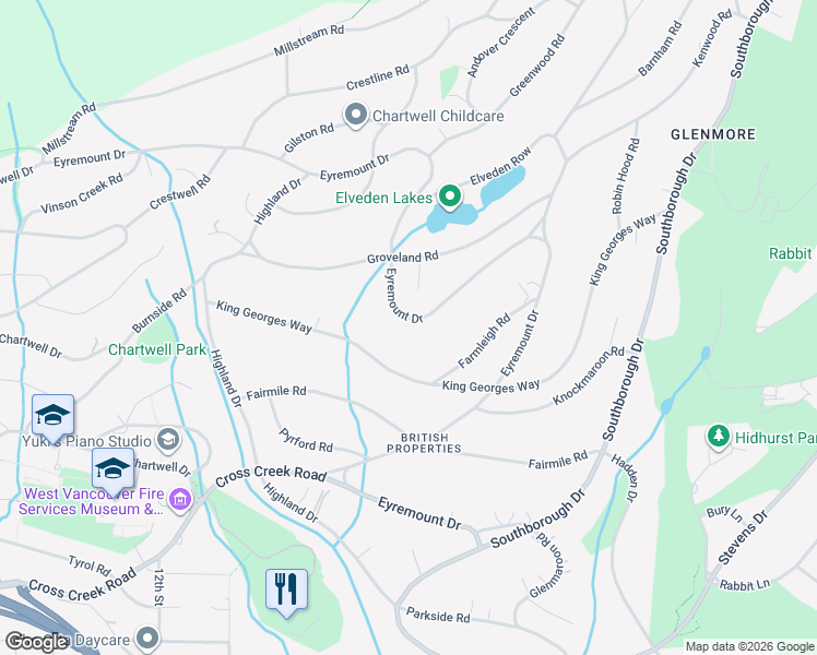 map of restaurants, bars, coffee shops, grocery stores, and more near 1036 Eyremount Drive in West Vancouver