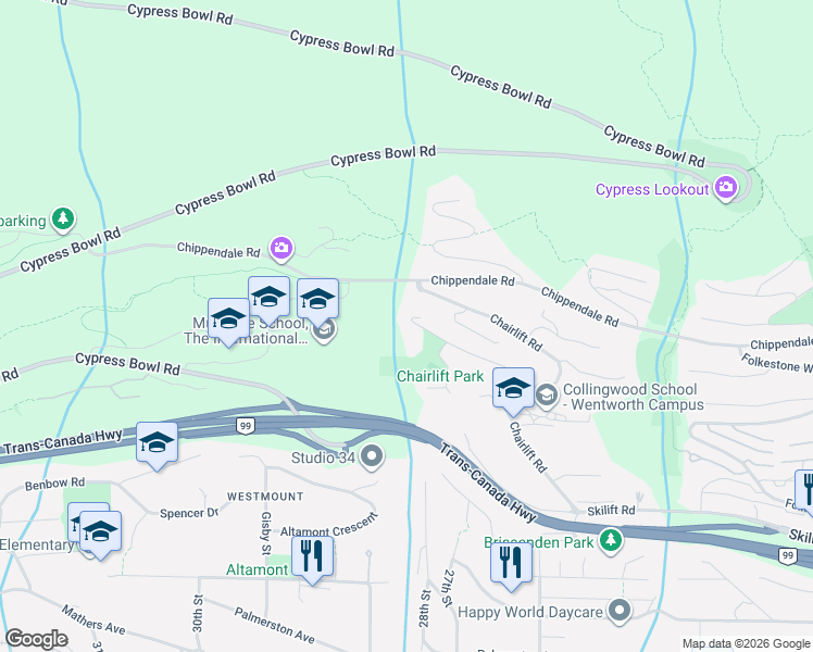 map of restaurants, bars, coffee shops, grocery stores, and more near 2757 Chelsea Court in West Vancouver