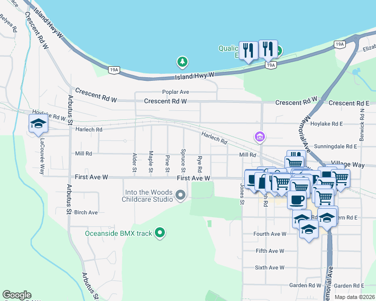 map of restaurants, bars, coffee shops, grocery stores, and more near 315 Mill Road in Qualicum Beach