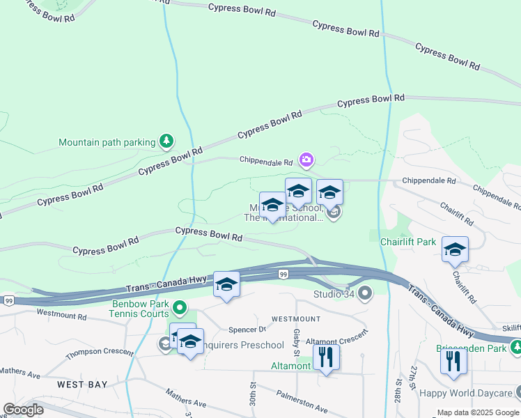 map of restaurants, bars, coffee shops, grocery stores, and more near 2993 Burfield Place in West Vancouver