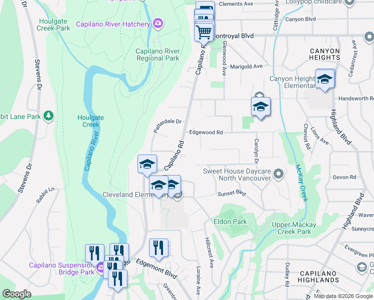 map of restaurants, bars, coffee shops, grocery stores, and more near 4346 Capilano Road in North Vancouver