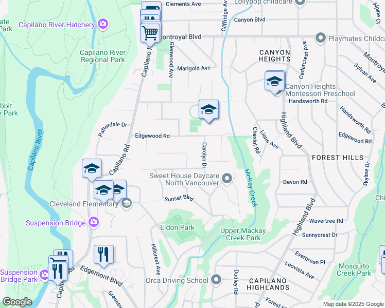 map of restaurants, bars, coffee shops, grocery stores, and more near 1082 Lodge Road in North Vancouver