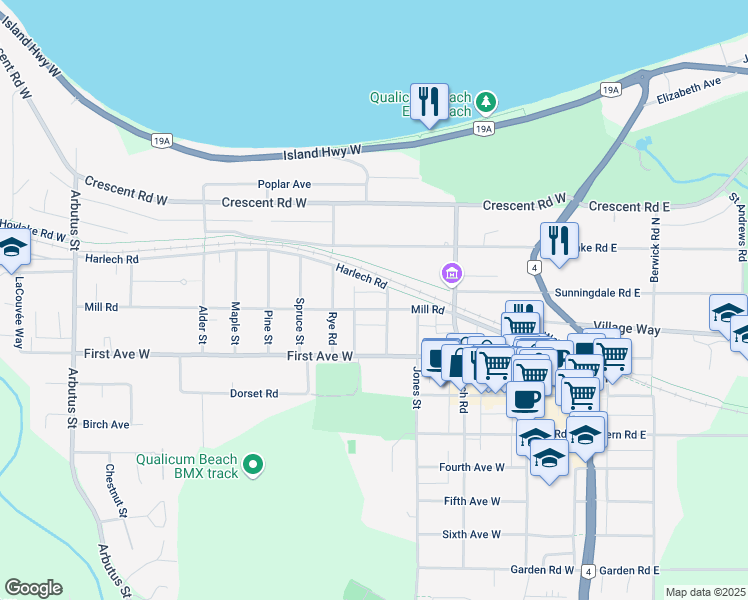 map of restaurants, bars, coffee shops, grocery stores, and more near 263 Mill Road in Qualicum Beach