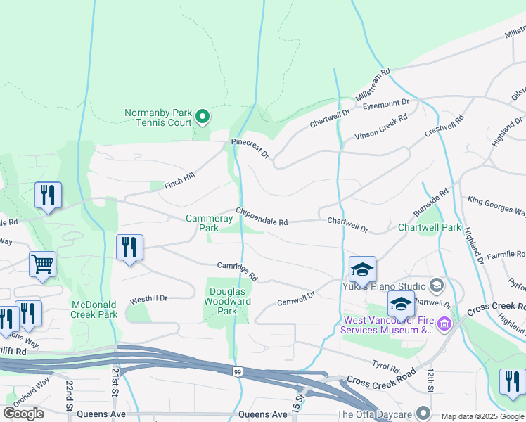map of restaurants, bars, coffee shops, grocery stores, and more near 1439 Chippendale Road in West Vancouver