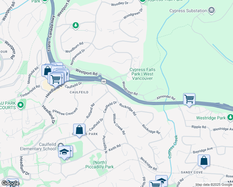 map of restaurants, bars, coffee shops, grocery stores, and more near 4742 Caulfeild Drive in West Vancouver