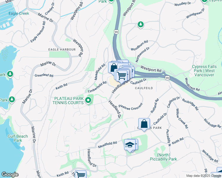 map of restaurants, bars, coffee shops, grocery stores, and more near 5211 Timberfeild Road in West Vancouver