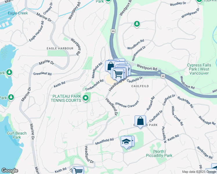 map of restaurants, bars, coffee shops, grocery stores, and more near 5211 Timberfeild Road in West Vancouver