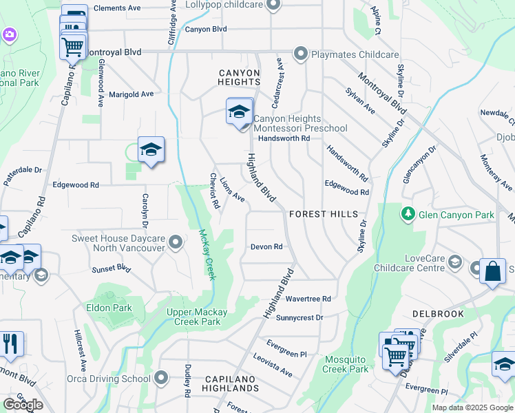 map of restaurants, bars, coffee shops, grocery stores, and more near 986 Tudor Avenue in North Vancouver