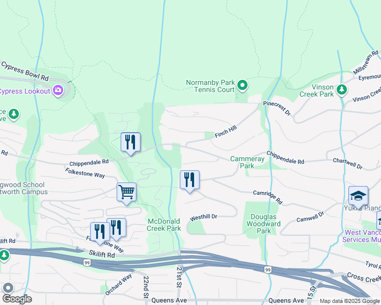 map of restaurants, bars, coffee shops, grocery stores, and more near 1578 Chippendale Road in West Vancouver