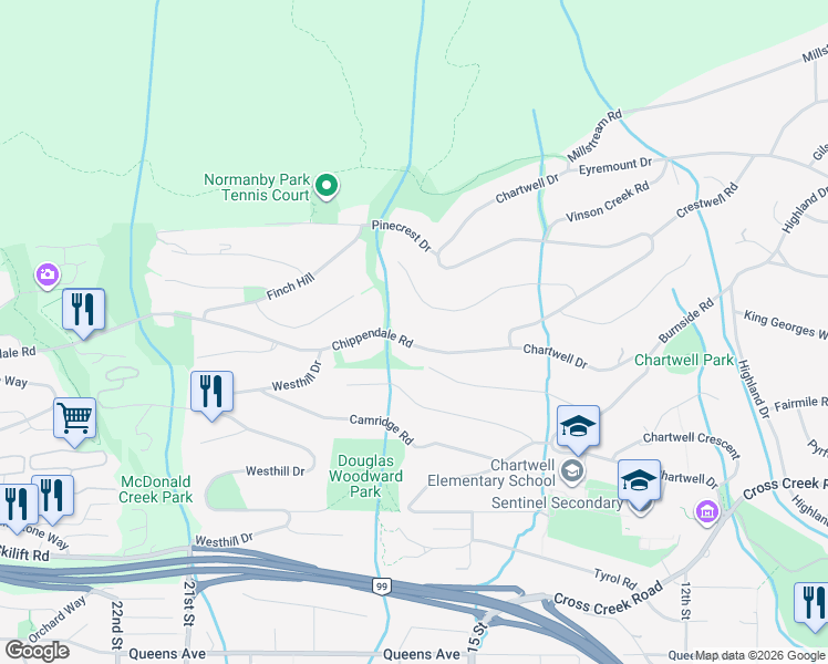 map of restaurants, bars, coffee shops, grocery stores, and more near 1445 Chippendale Road in West Vancouver