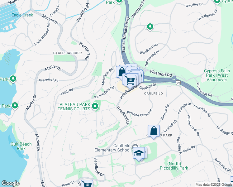 map of restaurants, bars, coffee shops, grocery stores, and more near 5219 Timberfeild Road in West Vancouver