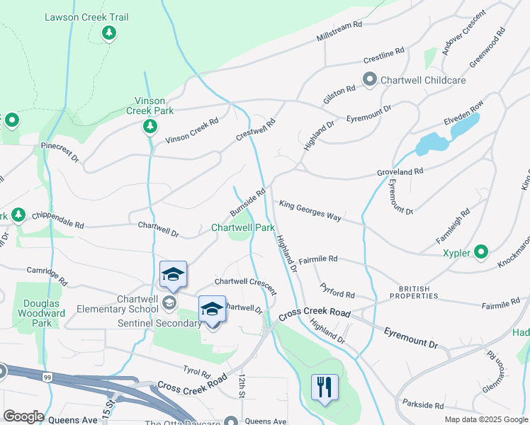 map of restaurants, bars, coffee shops, grocery stores, and more near 1060 Highland Drive in West Vancouver
