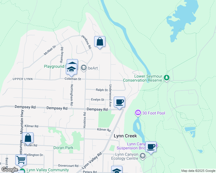 map of restaurants, bars, coffee shops, grocery stores, and more near 4437 Underwood Avenue in North Vancouver