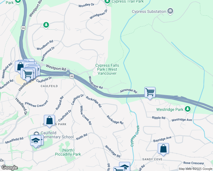 map of restaurants, bars, coffee shops, grocery stores, and more near 4375 Woodcrest Road in West Vancouver