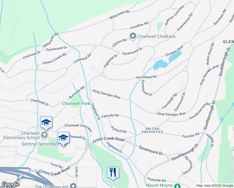 map of restaurants, bars, coffee shops, grocery stores, and more near 965 King Georges Way in West Vancouver