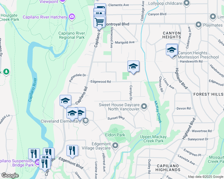 map of restaurants, bars, coffee shops, grocery stores, and more near 1102 Lodge Road in North Vancouver