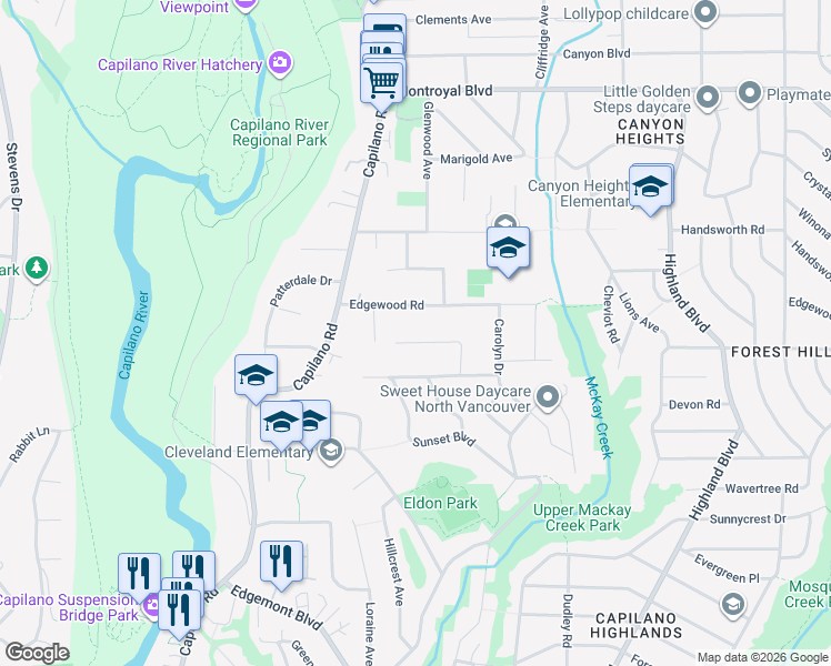map of restaurants, bars, coffee shops, grocery stores, and more near 1110 Lodge Road in North Vancouver