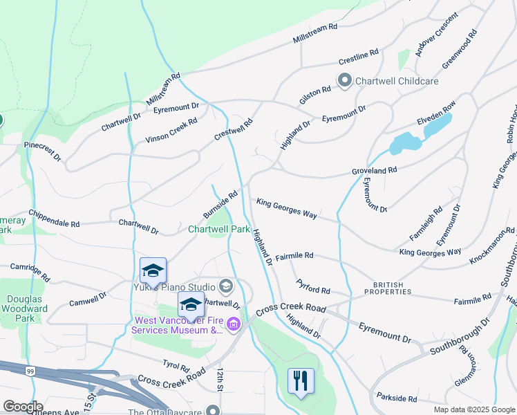 map of restaurants, bars, coffee shops, grocery stores, and more near 1050 King Georges Way in West Vancouver