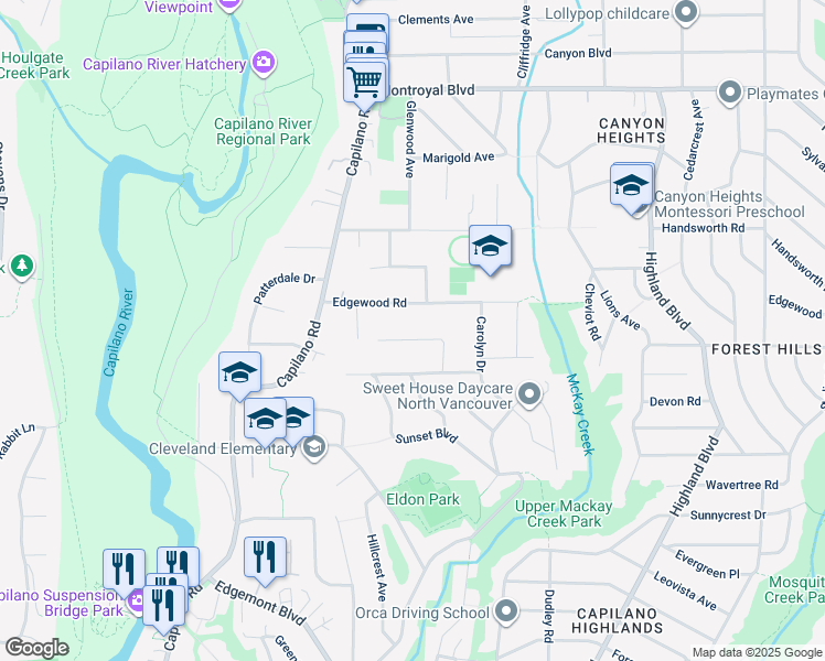 map of restaurants, bars, coffee shops, grocery stores, and more near 1102 Lodge Road in North Vancouver