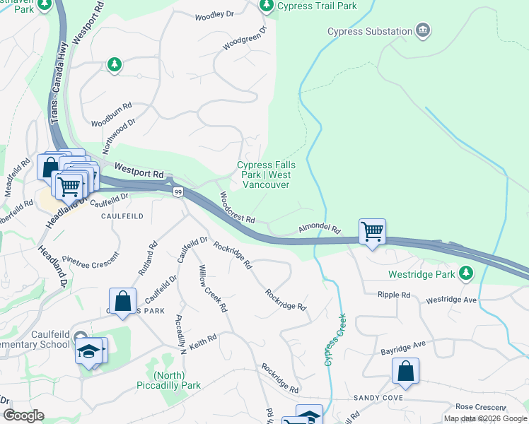 map of restaurants, bars, coffee shops, grocery stores, and more near 4375 Woodcrest Road in West Vancouver