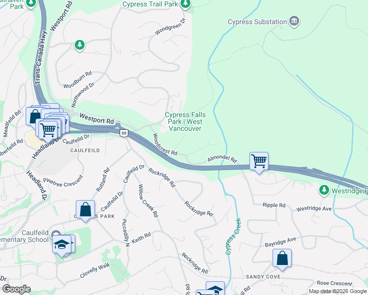 map of restaurants, bars, coffee shops, grocery stores, and more near 4375 Woodcrest Road in West Vancouver