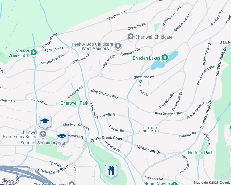 map of restaurants, bars, coffee shops, grocery stores, and more near 965 King Georges Way in West Vancouver