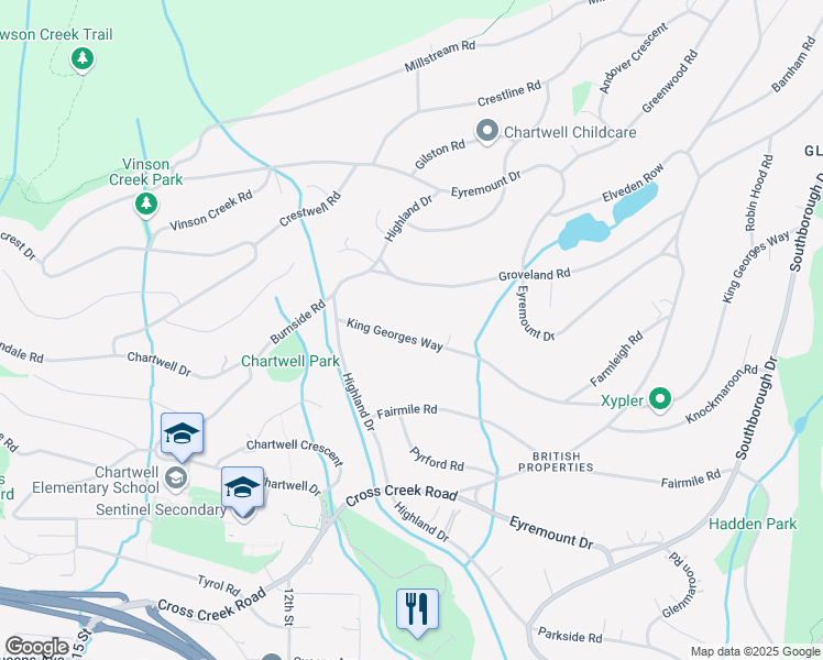 map of restaurants, bars, coffee shops, grocery stores, and more near 985 King Georges Way in West Vancouver