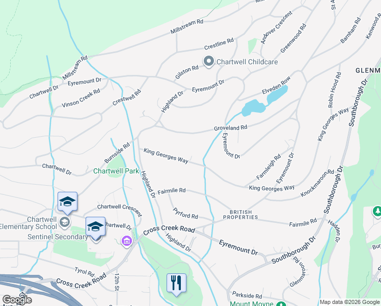 map of restaurants, bars, coffee shops, grocery stores, and more near 961 King Georges Way in West Vancouver