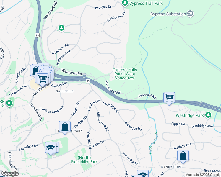 map of restaurants, bars, coffee shops, grocery stores, and more near 4415 Woodcrest Road in West Vancouver