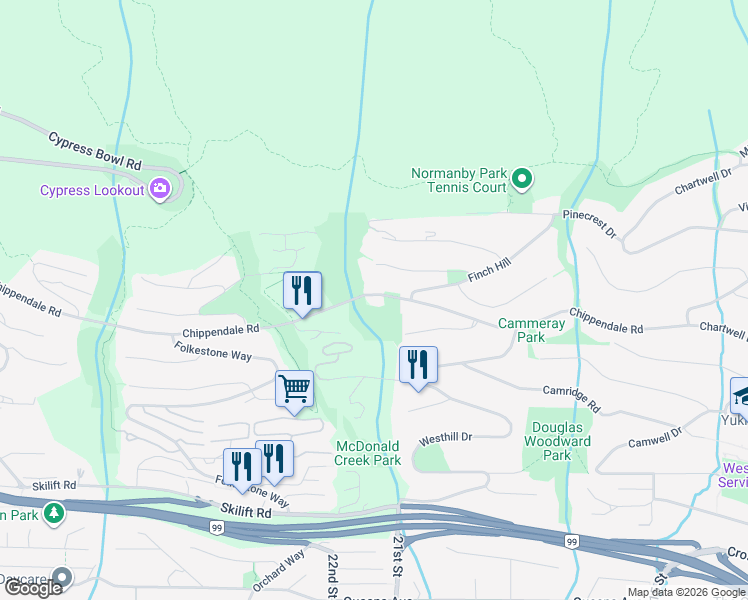 map of restaurants, bars, coffee shops, grocery stores, and more near 1620 Chippendale Road in West Vancouver
