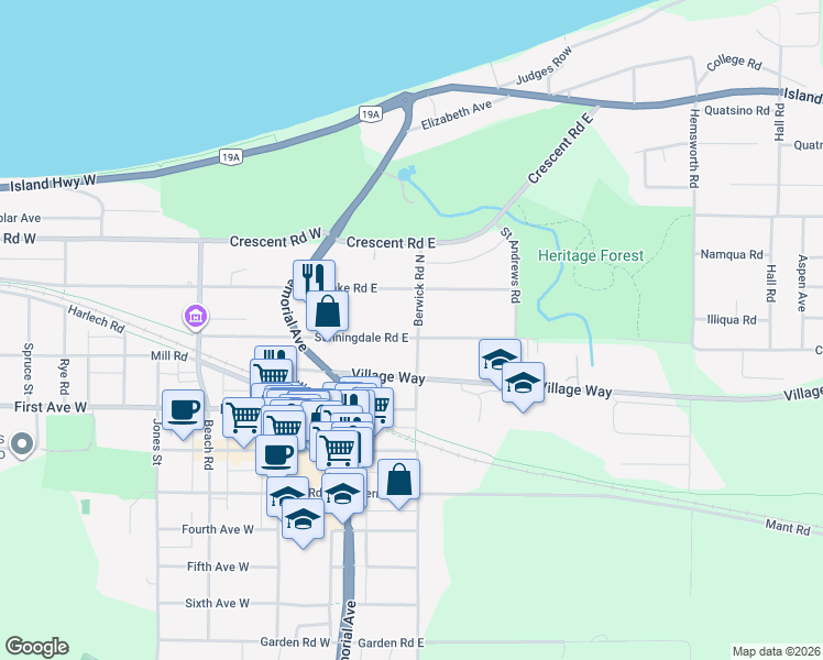 map of restaurants, bars, coffee shops, grocery stores, and more near 587 Berwick Road North in Qualicum Beach