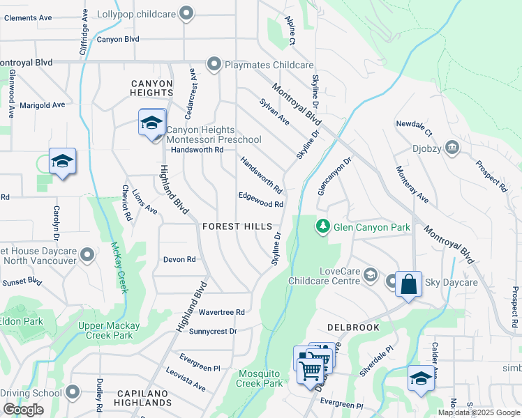 map of restaurants, bars, coffee shops, grocery stores, and more near 751 Edgewood Road in North Vancouver