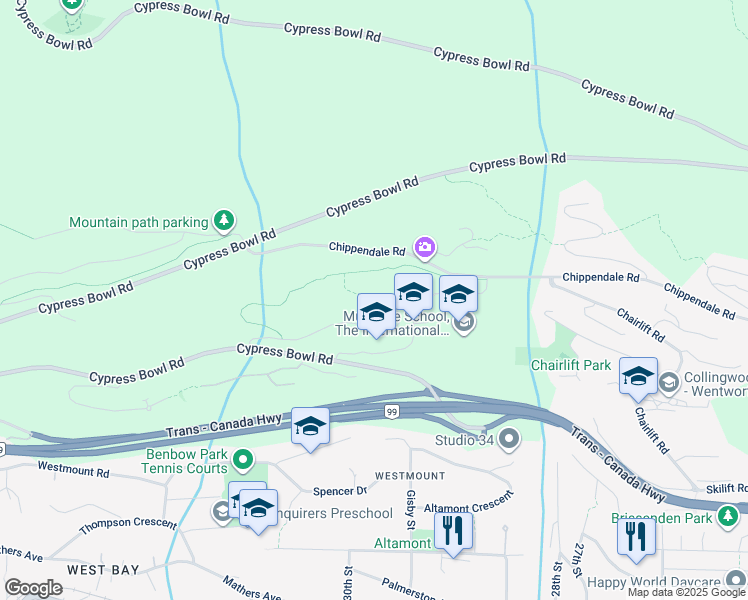 map of restaurants, bars, coffee shops, grocery stores, and more near 2997 Burfield Place in West Vancouver
