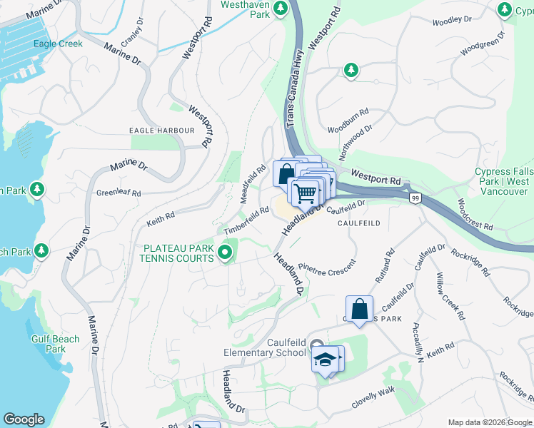 map of restaurants, bars, coffee shops, grocery stores, and more near 5219 Timberfeild Road in West Vancouver