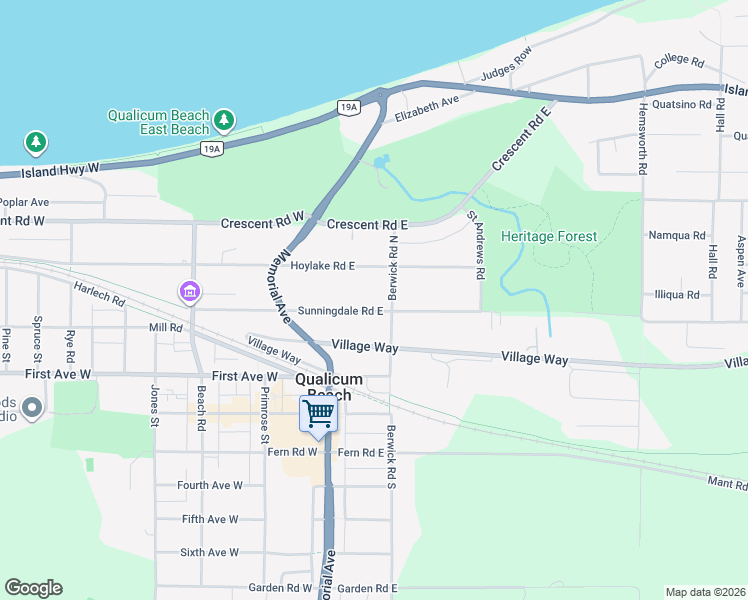 map of restaurants, bars, coffee shops, grocery stores, and more near 177 Sunningdale Road East in Qualicum Beach