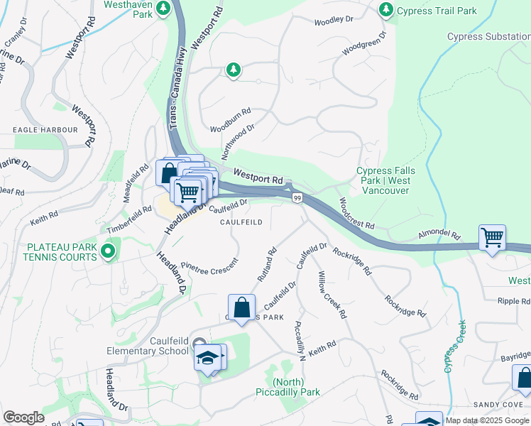 map of restaurants, bars, coffee shops, grocery stores, and more near 4780 Estevan Place in West Vancouver
