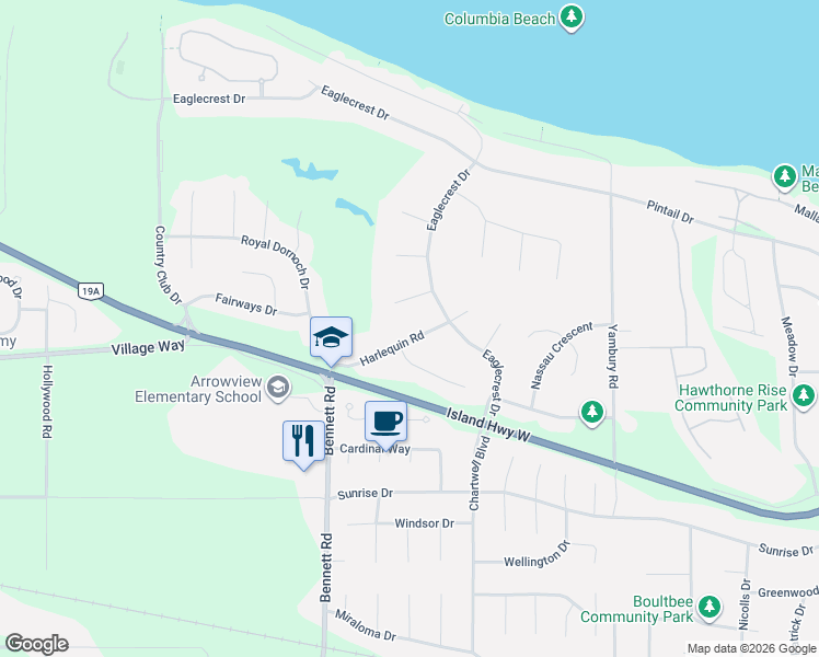 map of restaurants, bars, coffee shops, grocery stores, and more near 1061 Harlequin Road in Qualicum Beach