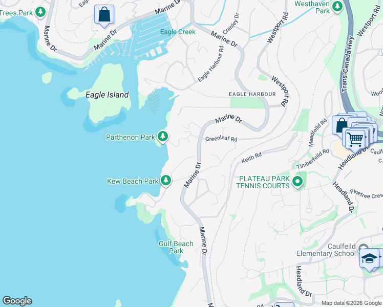 map of restaurants, bars, coffee shops, grocery stores, and more near 5450 Marine Drive in West Vancouver