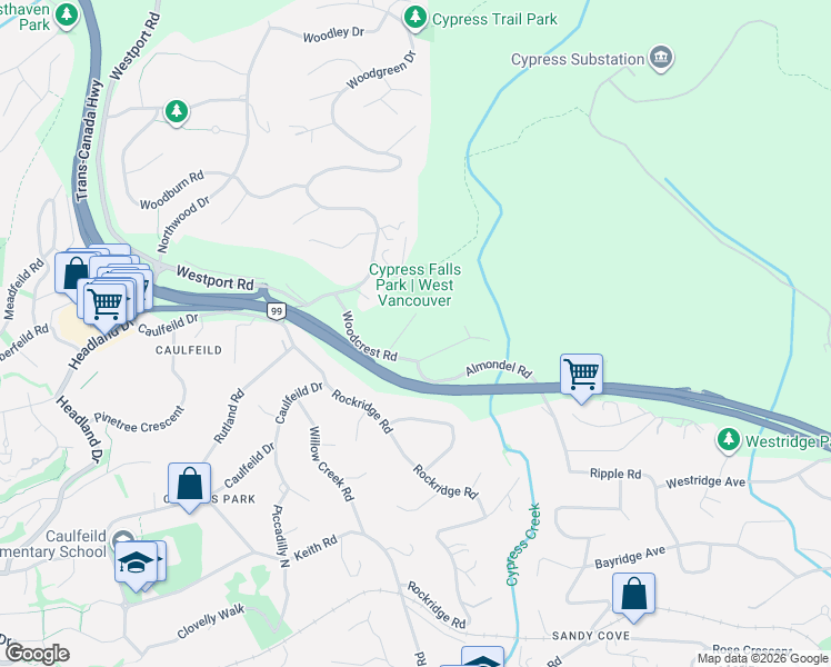 map of restaurants, bars, coffee shops, grocery stores, and more near 4406 Woodpark Road in West Vancouver