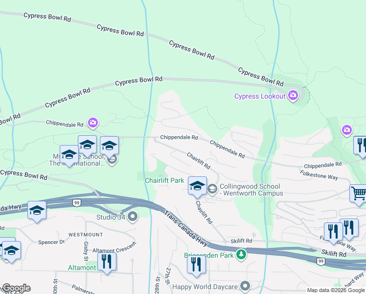 map of restaurants, bars, coffee shops, grocery stores, and more near Chairlift Road in West Vancouver
