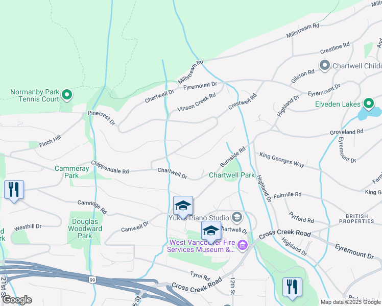 map of restaurants, bars, coffee shops, grocery stores, and more near 1413 Sandhurst Place in West Vancouver