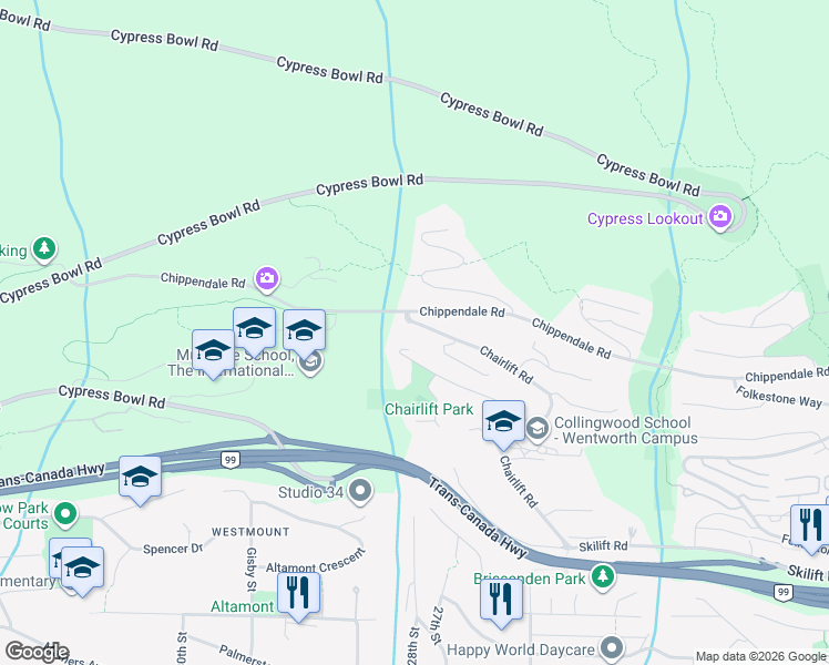 map of restaurants, bars, coffee shops, grocery stores, and more near 2630 Chairlift Road in West Vancouver