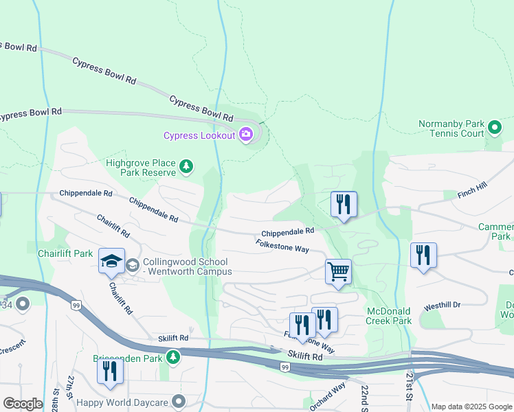 map of restaurants, bars, coffee shops, grocery stores, and more near 2743 Willoughby Road in West Vancouver
