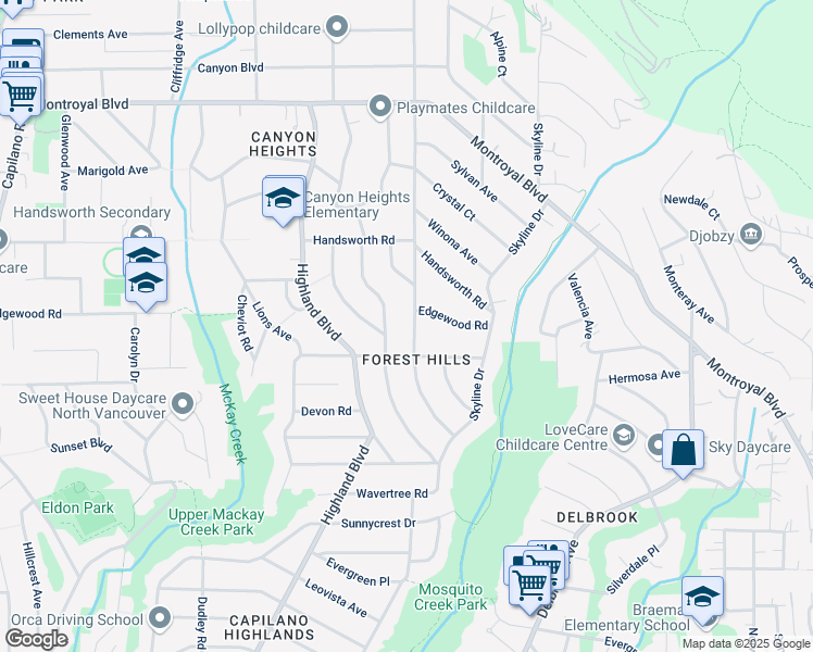 map of restaurants, bars, coffee shops, grocery stores, and more near 4379 Ranger Avenue in North Vancouver